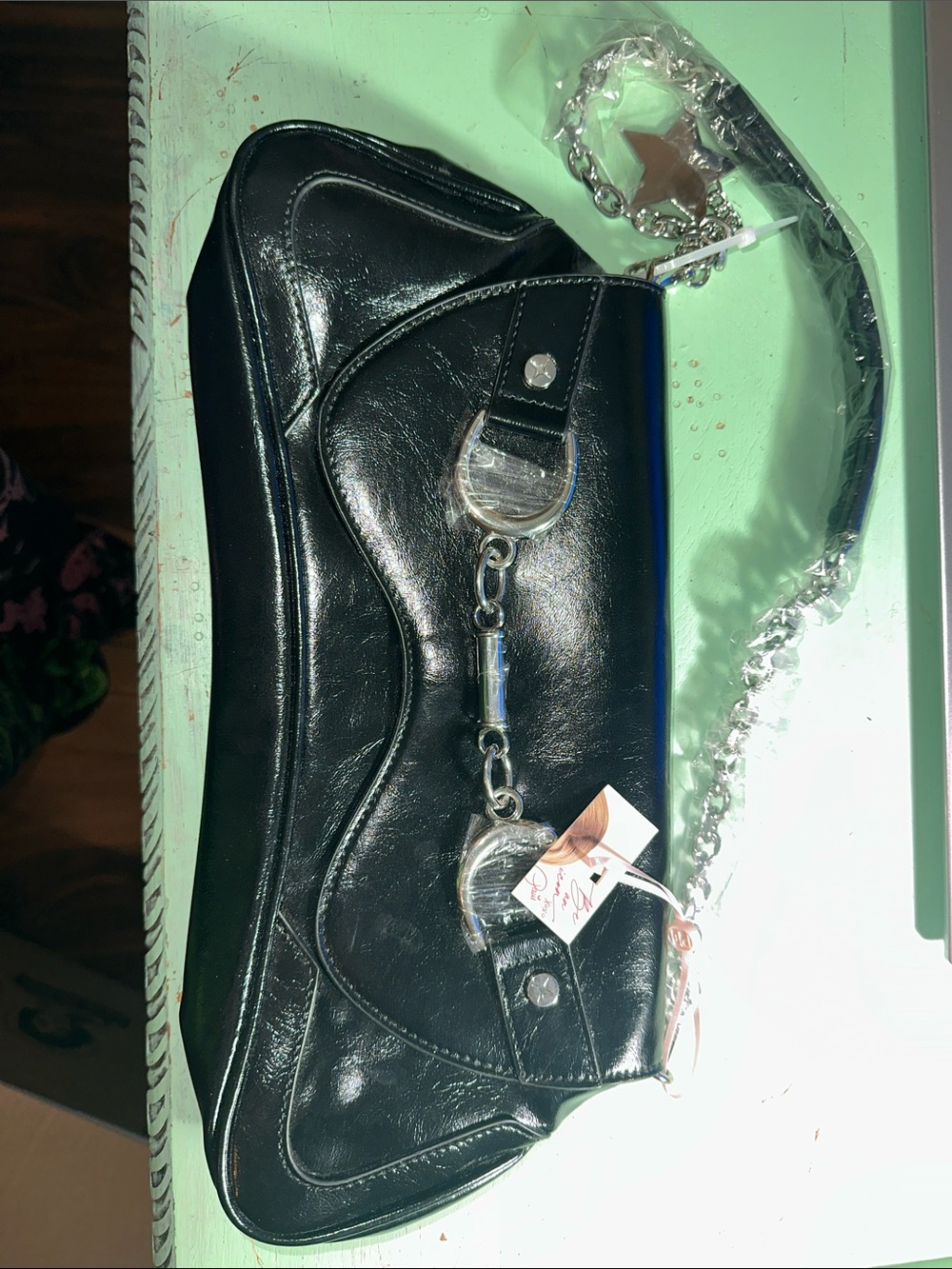 Paris Hilton Black Patent Clutch with Silver Chain
